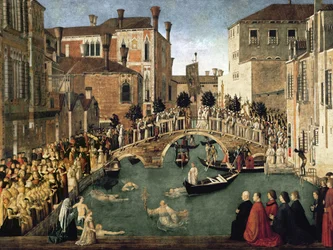 Das Wunder des Kreuzes auf der Brücke von San Lorenzo, 1500